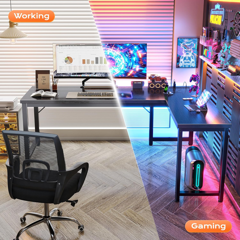 63'' L Shaped Desk w/ Power Outlets USB C Reversible Corner Desk Black5