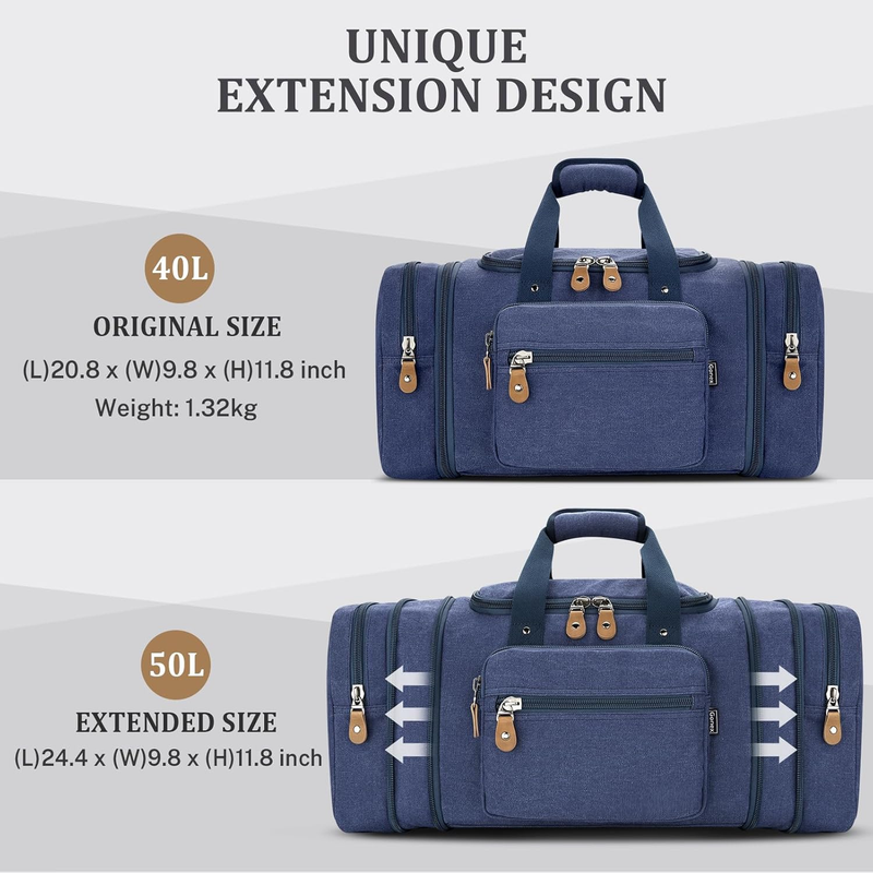 Canvas Duffle Bag for Travel 50L Expandable Duffel Weekend Overnight Bag MenBlue4
