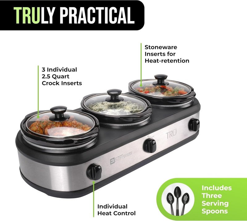 Triple Buffet Server 3×2.5QT Crock Pot Warmer w/ Lids & Spoons, 3 Temp2