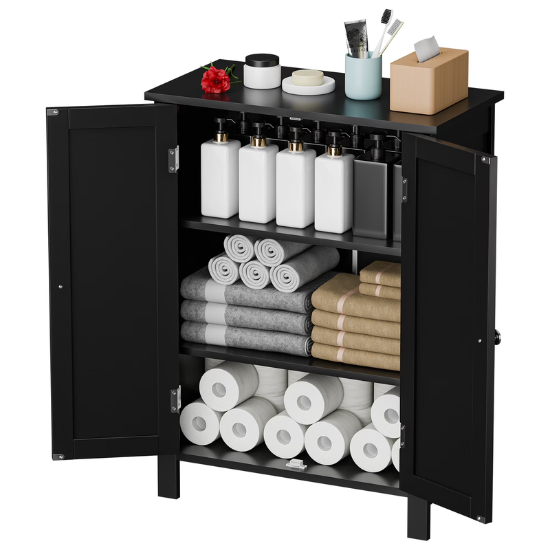 Wooden 2 Door Bathroom Cabinet Storage with 3 Shelves Free Standing, Black6