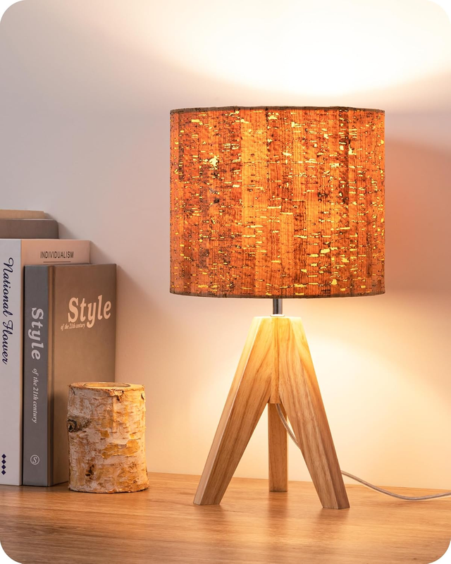Small Table Lamp Wooden Tripod Bedside Lamp Linen Shade E26 14.2in0