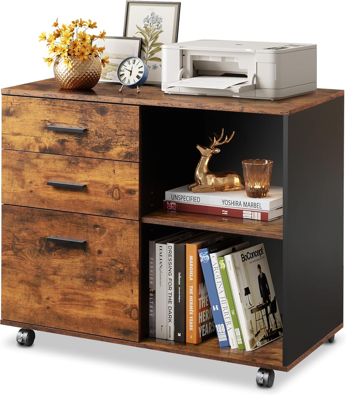Rustic Brown 3-Drawer Mobile File Cabinet & Printer Stand with Open Shelves7