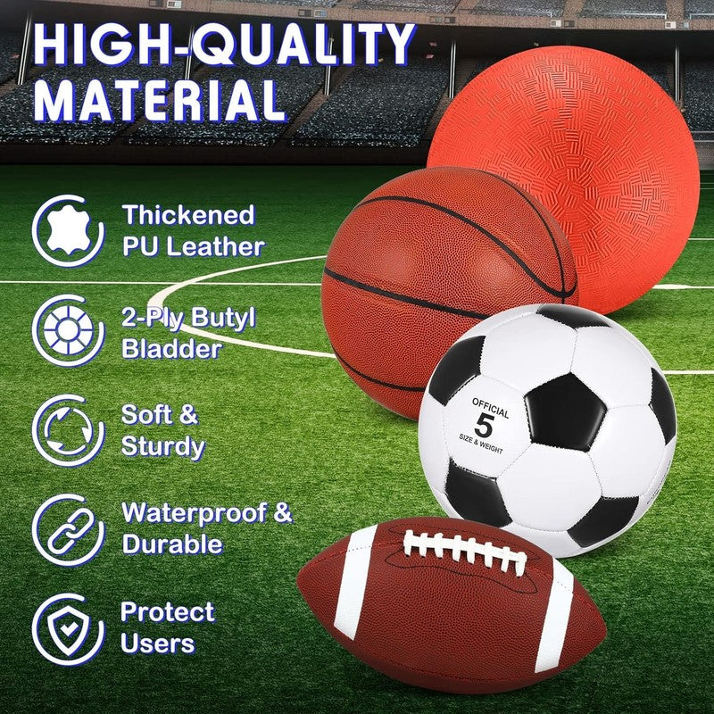 4 Pcs Sports Balls Set for Teen Adult, Include Official Size Basketball Soccer F2