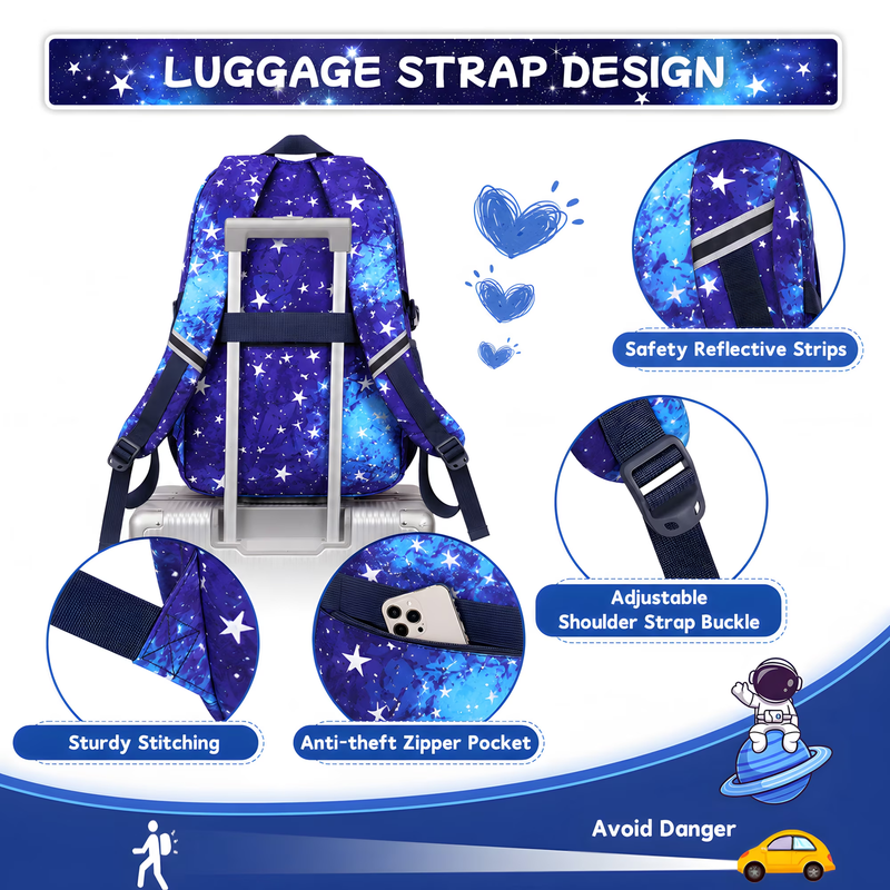 Girls 3PCS Backpack Set School Bookbag Blue Galaxy4