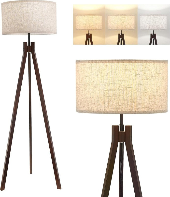 Wood Tripod Floor Lamp 3 Color LED Mid Century Reading Linen Shade Walnut7