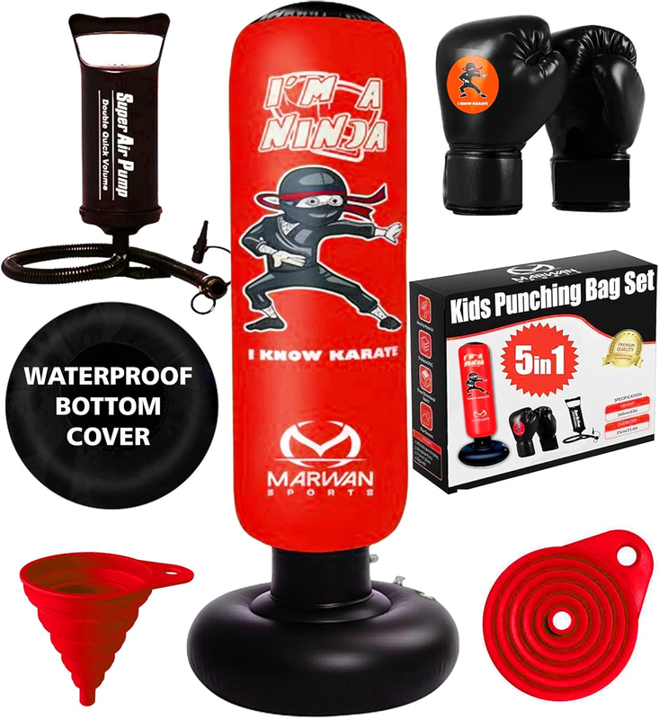 5 in 1 Inflatable Punching Bag 63" Karate Set w Gloves for Kids 4 1211