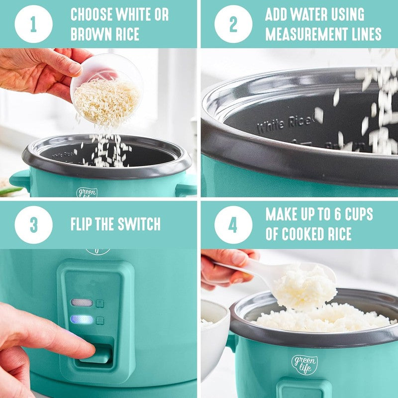 Rice Cooker 3-Cup PFAS-Free Ceramic Removable Pot Turquoise3