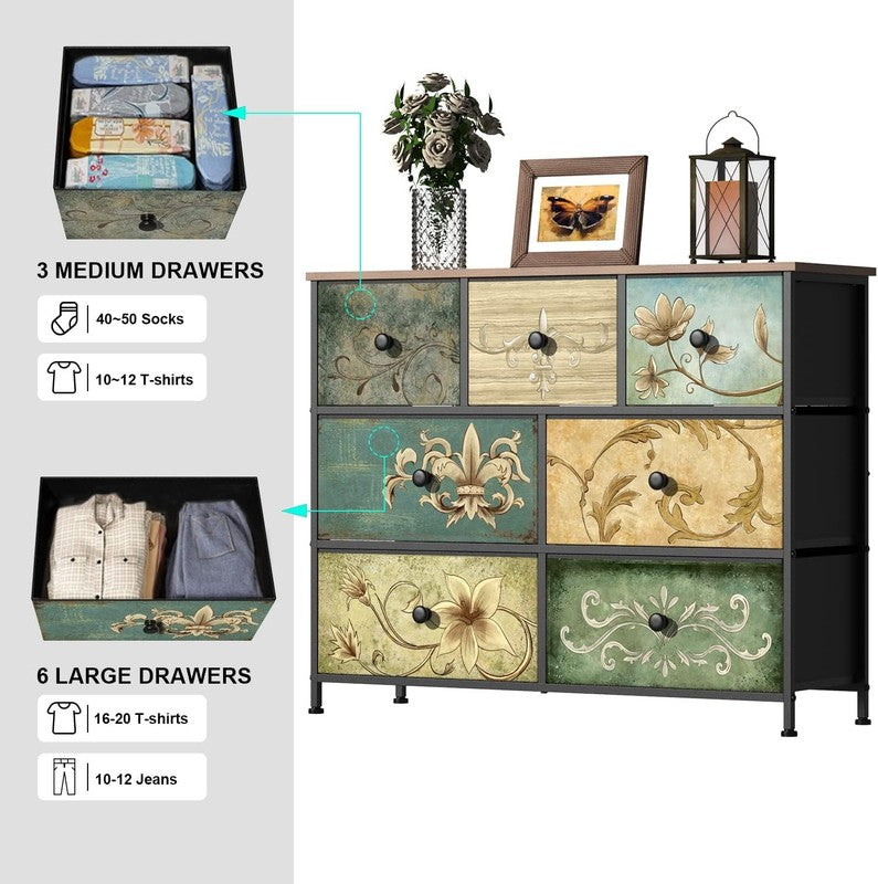 7 Drawer Fabric Dresser Retro Floral Chest Storage Organizer for Bedroom Closet3
