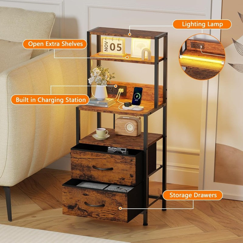 Tall Nightstand 4 Tier w/ 2 Fabric Drawers & Charging Station Rustic Brown3