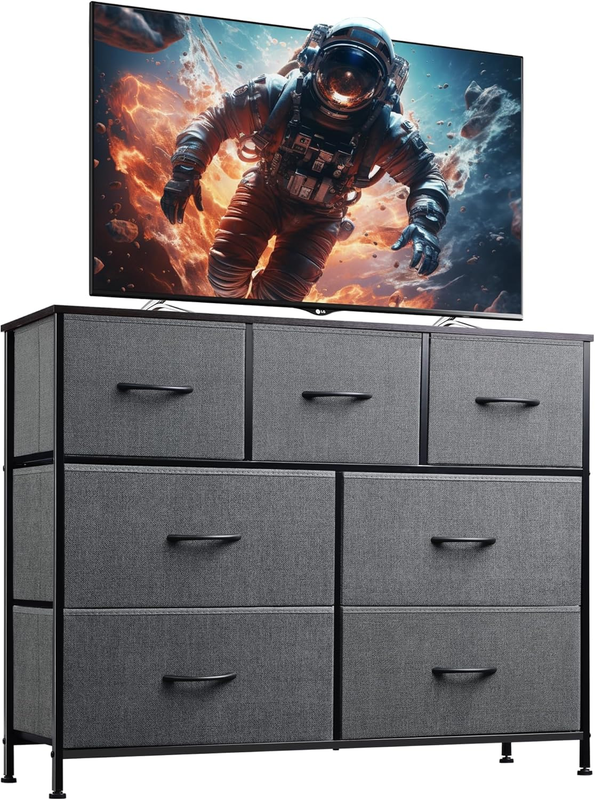 7 Drawer TV Stand Dresser Dark Grey Metal Frame Wood Top Storage Chest0