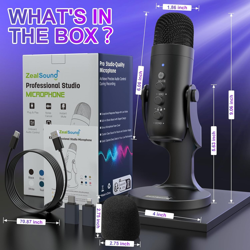 Podcast USB Microphone Noise Canceling w/ Gain Volume Mute for PC Mac Android6