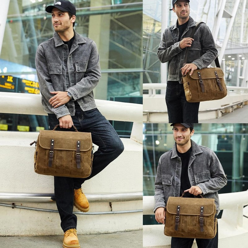 Men's 15.6" Vintage Canvas Leather Laptop Messenger Bag Khaki Satchel1