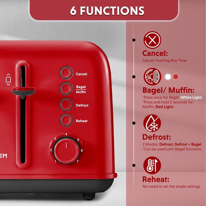Retro 4 Slice Toaster 1800W Extra Wide Slots 7 Shade Bagel Muffin Stainless Red1