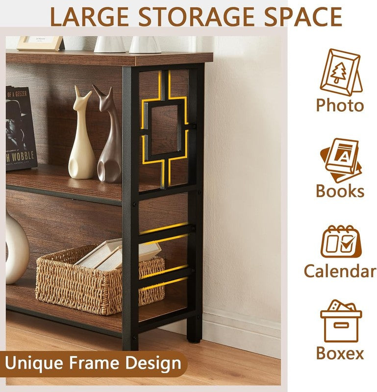 3 Tier Bookshelf Rustic Brown Engineered Wood Metal Storage Bookcase Low3
