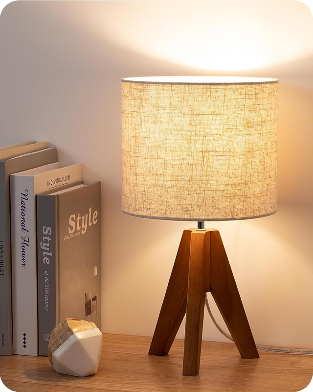 Tripod Table Lamp Small Bedside Lamp Linen Shade Wood Base 14.2in E2610