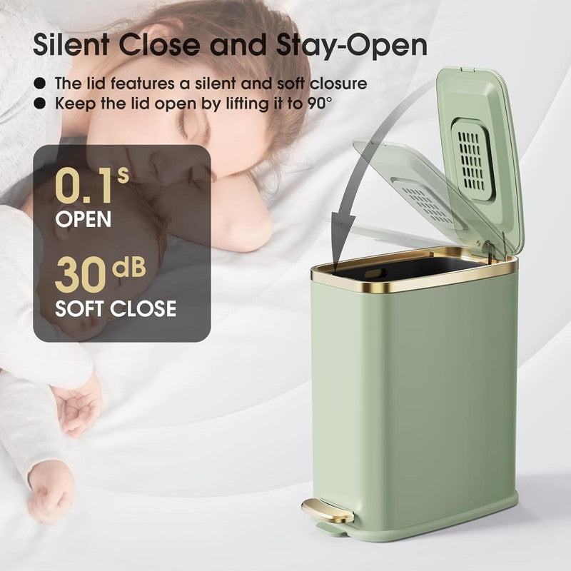 5L Bathroom Trash Can with Lid, Slim Step Waste Bin, Soft Close, Green3