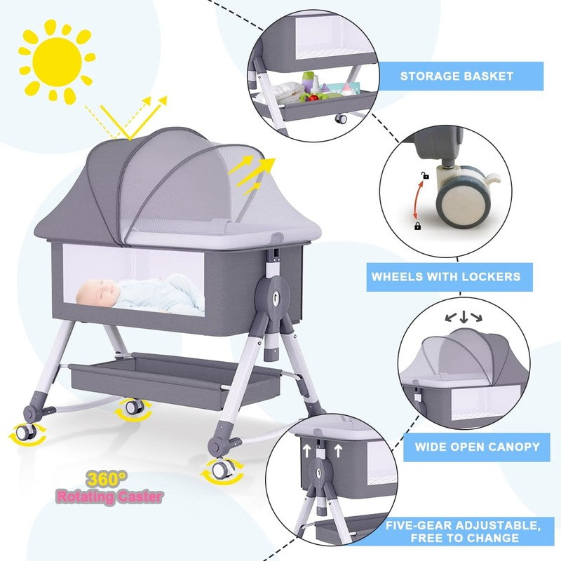 Liyufly 4 in 1 Baby Bassinet Gray Bedside Crib w/ Storage, Wheels, Changer5