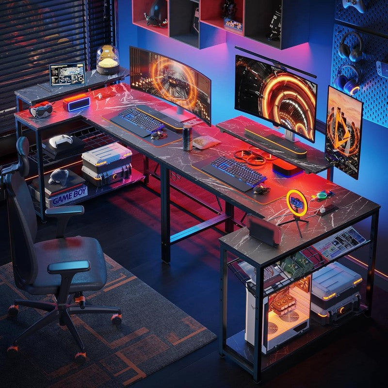 42" L-Shaped Gaming Desk LED with Power Outlets, Monitor Stand Black Marble7