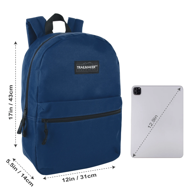 Navy Blue Classic Backpack 17" Dual Zipper Travel Bookbag2