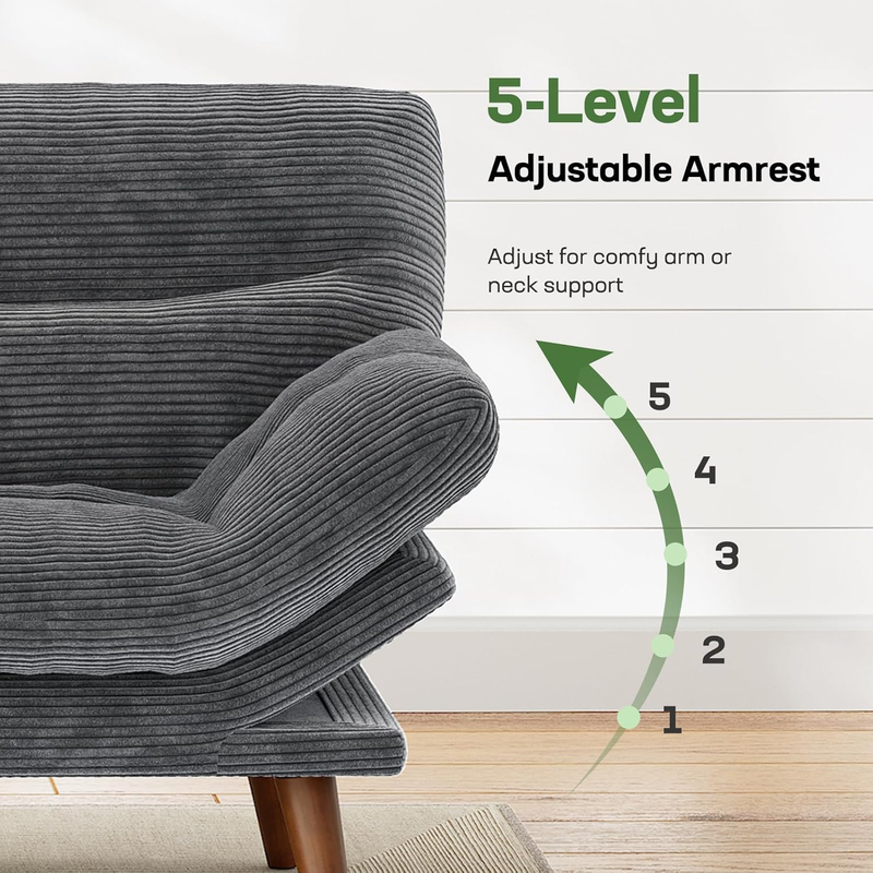 66in Futon Sofa Bed Convertible Corduroy Sleeper Loveseat Adjustable Light Gray4