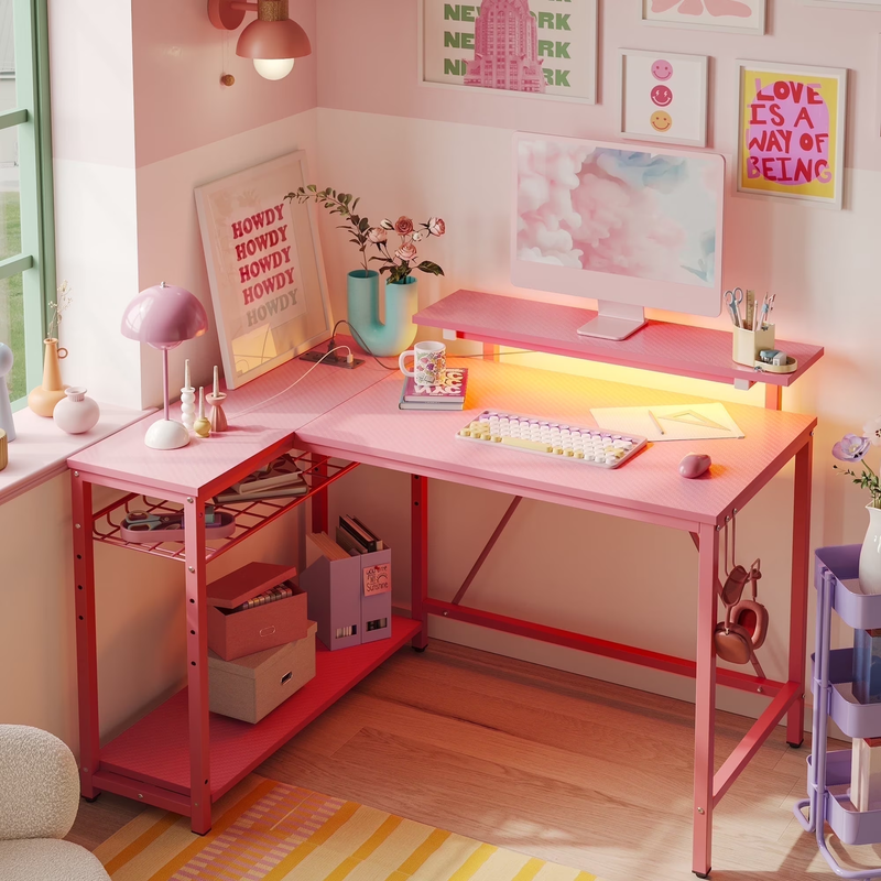 42" L-Shaped Computer Desk LED with Power Outlets & Monitor Stand Pink9