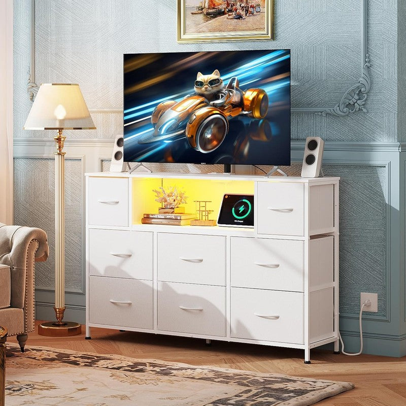White TV Stand Dresser LED Lights Charging Station 8 Fabric Drawers Open Shelf1