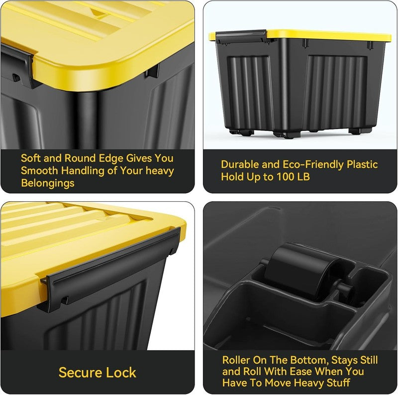 72Qt Black/Yellow Plastic Storage Bins w/Lids Stackable Nestable 6 Pack8