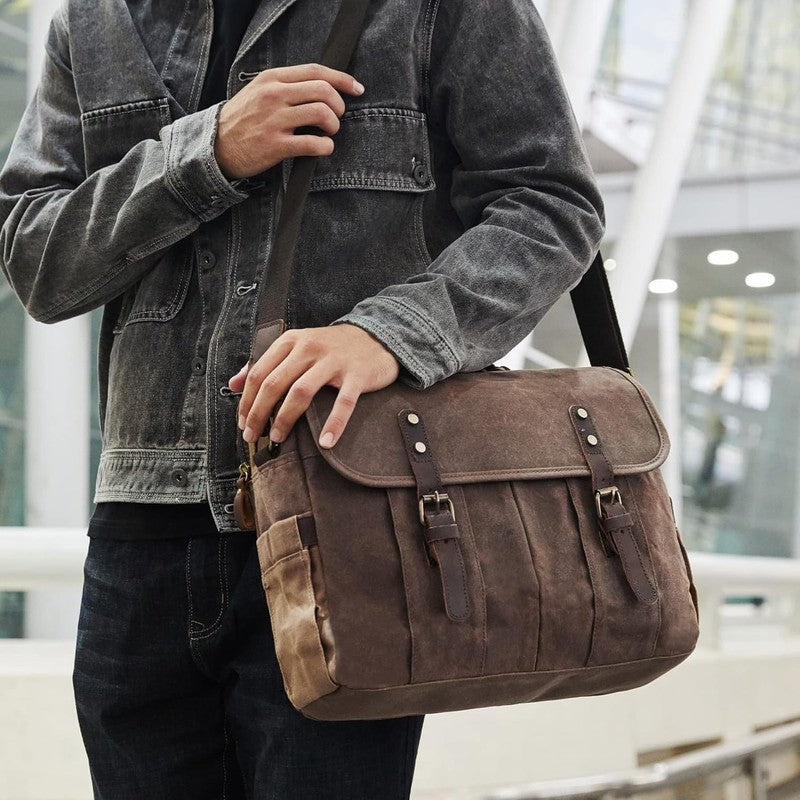 Men's 15.6" Vintage Canvas Leather Laptop Messenger Bag Satchel Shoulder1