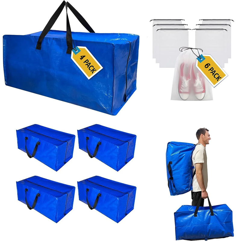 4 Packs Heavy Duty Extra Large Moving Bags with Backpack Straps & 6 Packs Shoe B8