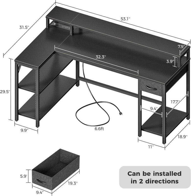 53'' Reversible L Shaped Gaming Desk LED Lights Power Outlets Carbon Black2