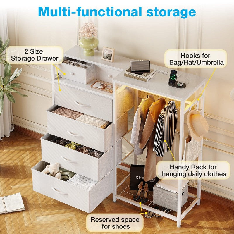 Dresser for Bedroom with Clothes Rack, 6 Drawers Dresser with Charging Station &7