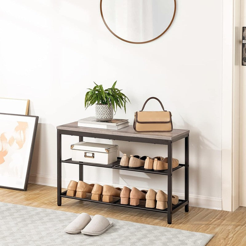 Shoe Bench 3 Tier Rack Industrial Organizer Greige Entryway6
