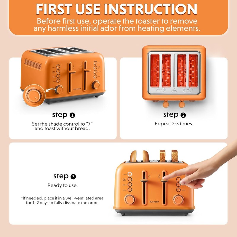 Retro 4 Slice Toaster 1800W Extra Wide Slots 7 Shade Bagel Stainless Orange3