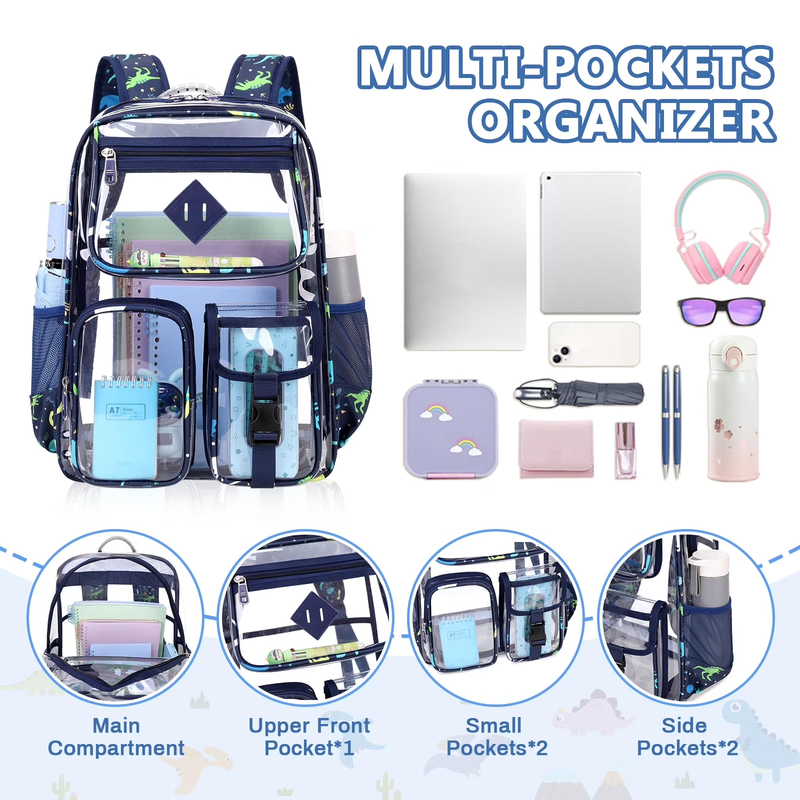 Large Clear Book Bag Waterproof See Through Backpack Navy Dinosaur4