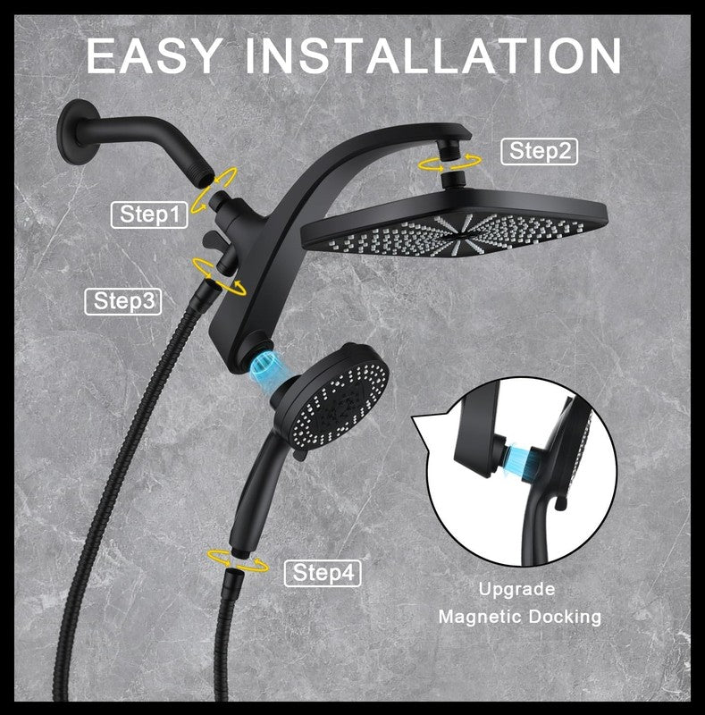 12" Rain Shower Head Combo w/ Handheld High Pressure Magnetic Dock Black6