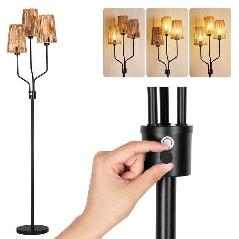 Rattan Floor Lamp 3 Tier Dimmable Rustic Boho Lighting for Living Room Bedroom10