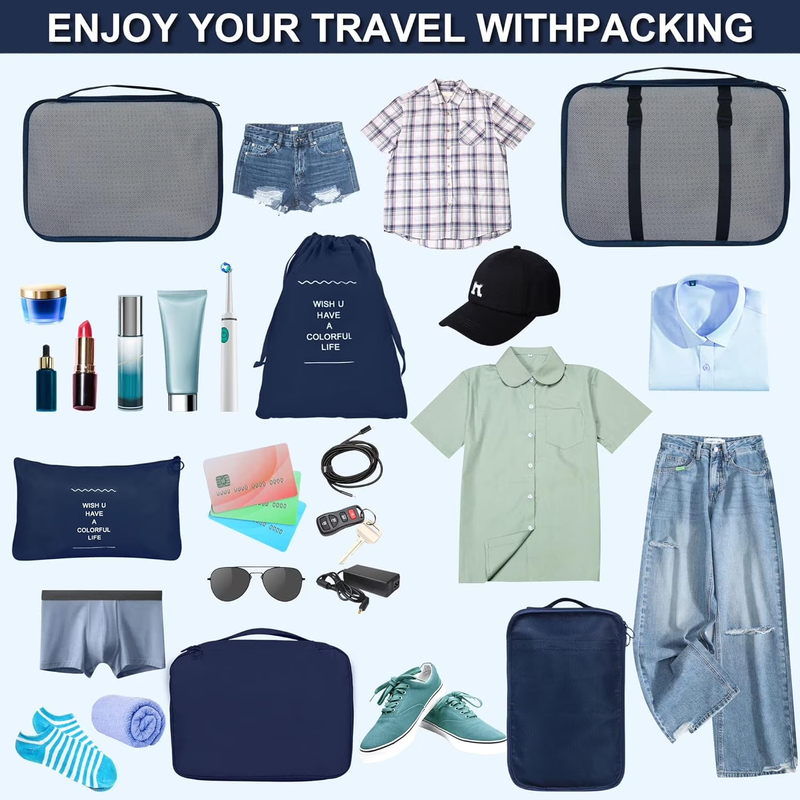 Packing Cubes 9 Set Travel Organizers Clothes Shoes Toiletry Bag Navy3