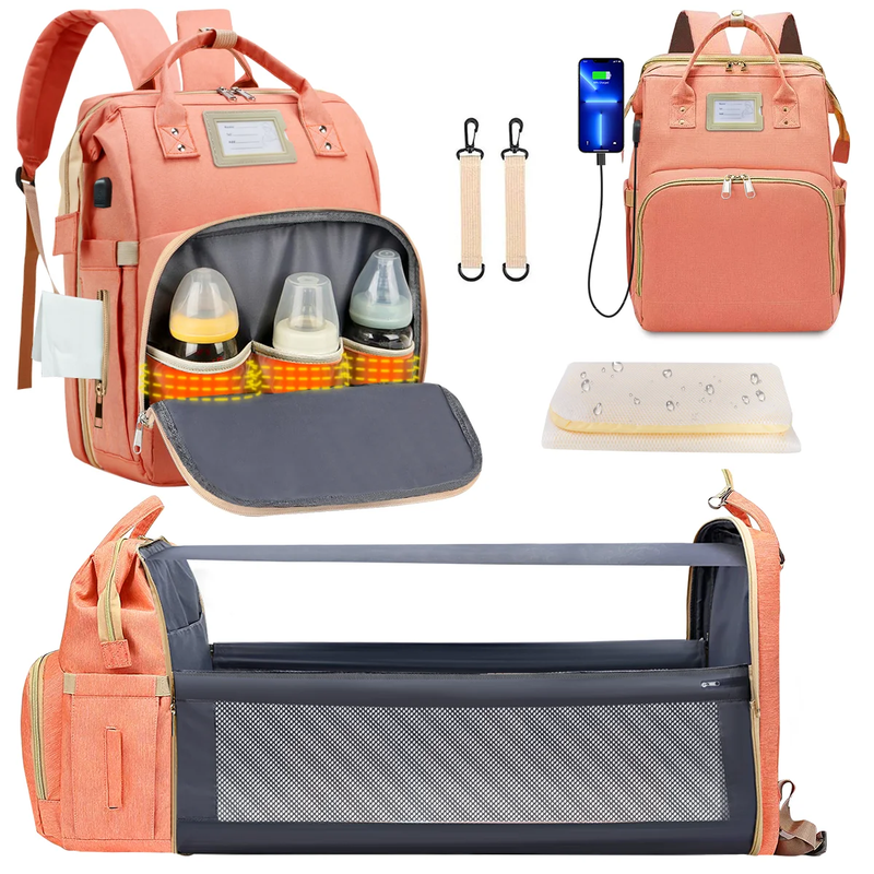 Diaper Bag Backpack w/ Changing Station USB Port Crib Pink Large10