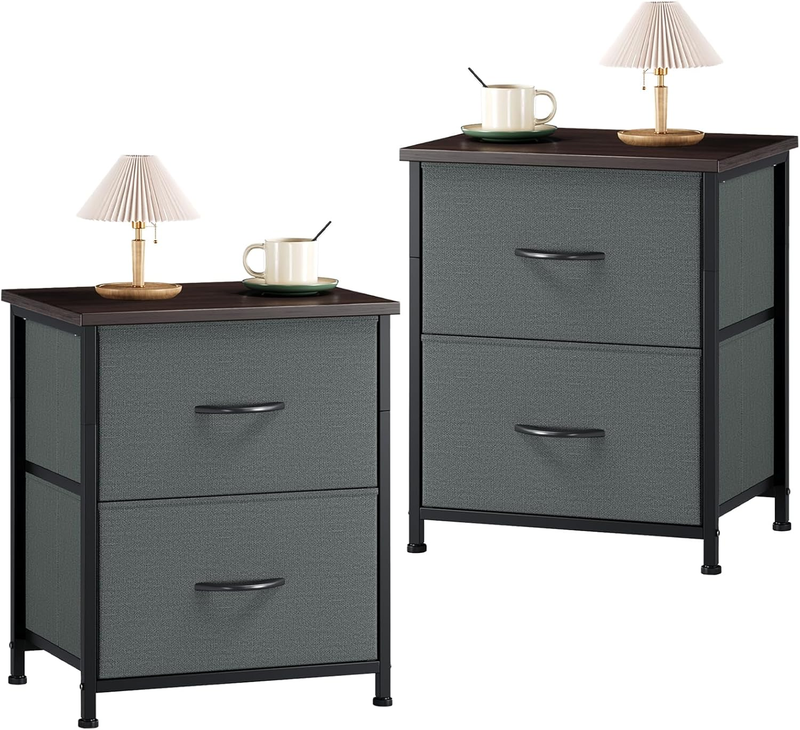 Set of 2 Nightstands 2 Drawer Bedside Table w/ Fabric Bins Charcoal Grey10