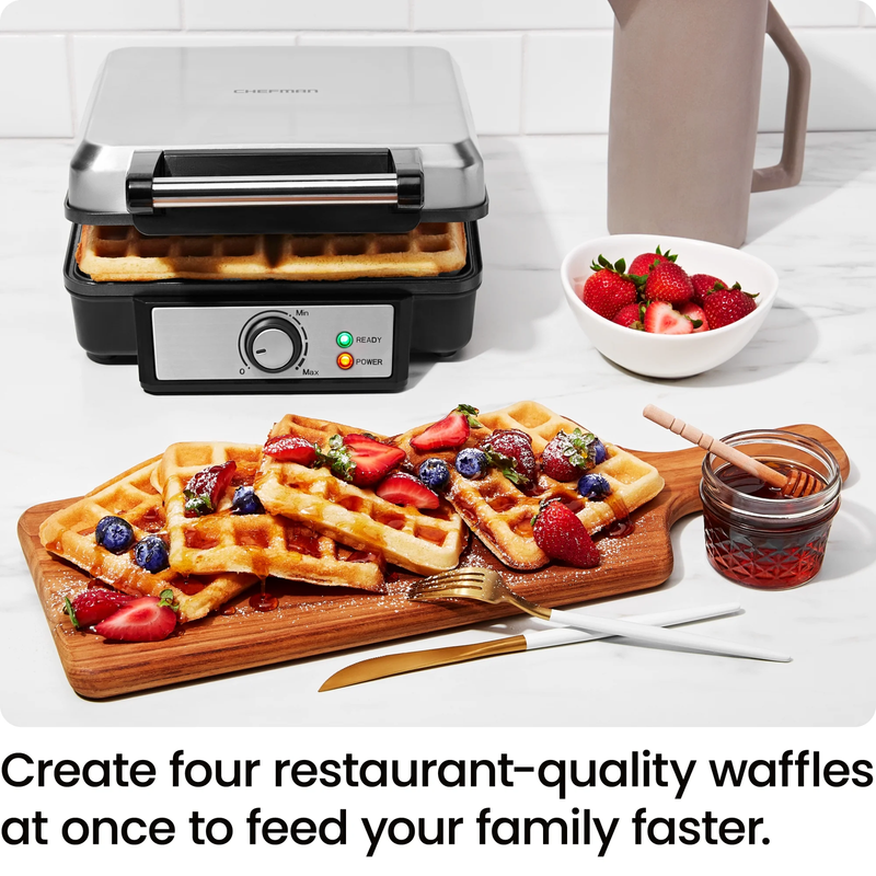 4 Slice Belgian Waffle Maker W/ Adjustable Temperature, Stainless Steel1