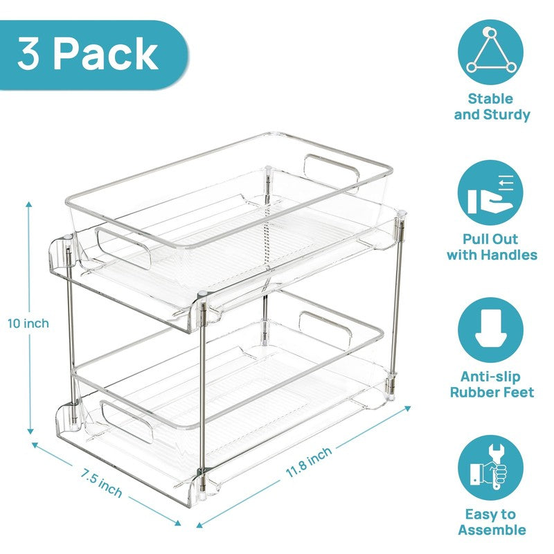 3 Pack Bathroom Plastic Storage Organizer, 2 Tier Clear under Sink Organizers Va4
