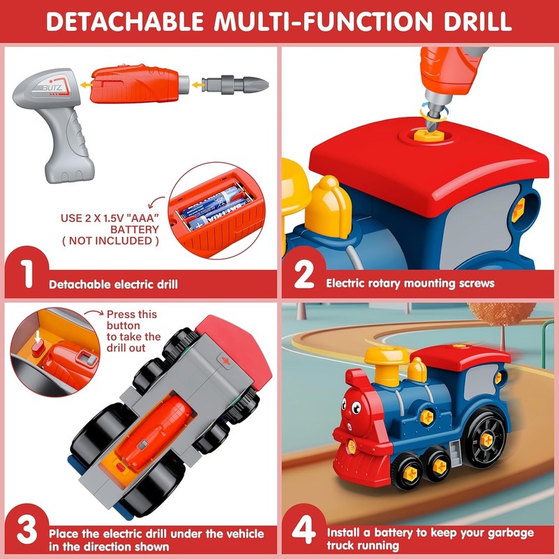 Toddler Take Apart Toy Set with Electric Drill, DIY Electric Train Assembly, STE3