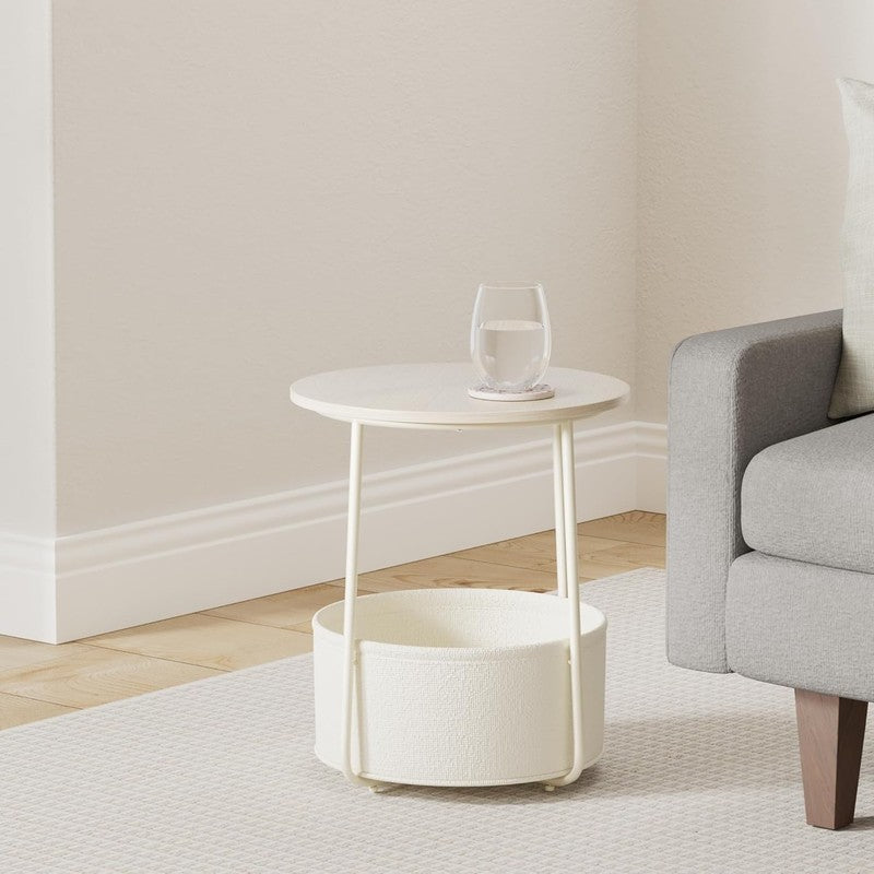 Small Round Side Table Nightstand with Fabric Basket Cream White1