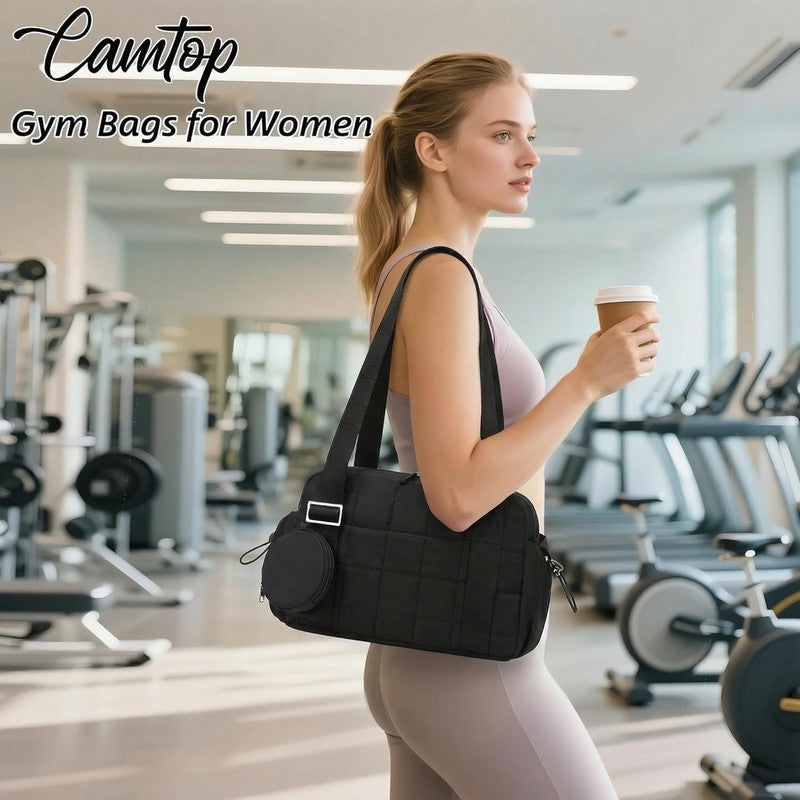 Mini Gym Bag Women Quilted Duffel Wet Compartment Coin Purse Yoga Dance Black1