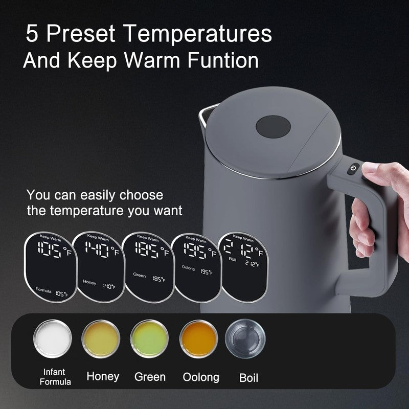 Electric Kettle 1.5L Stainless Steel Double Wall 5 Keep Warm Gray BPA Free2