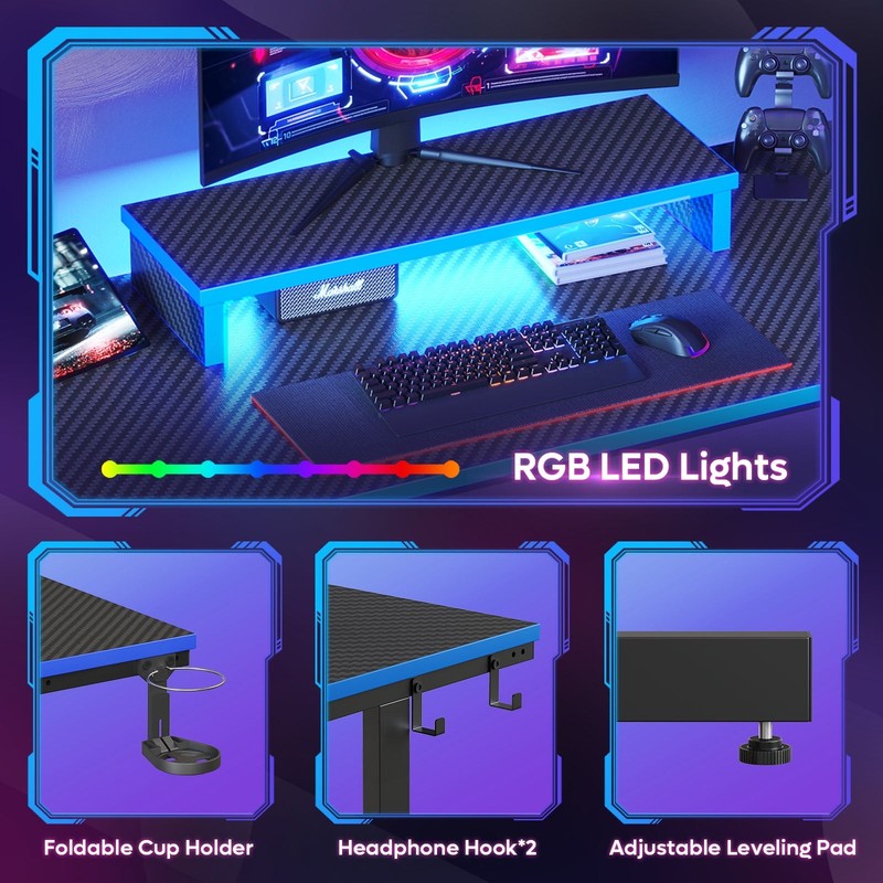 42" Gaming Desk PC Table w/ LED Lights, Monitor Stand, Hook & Cup Holder Blue5