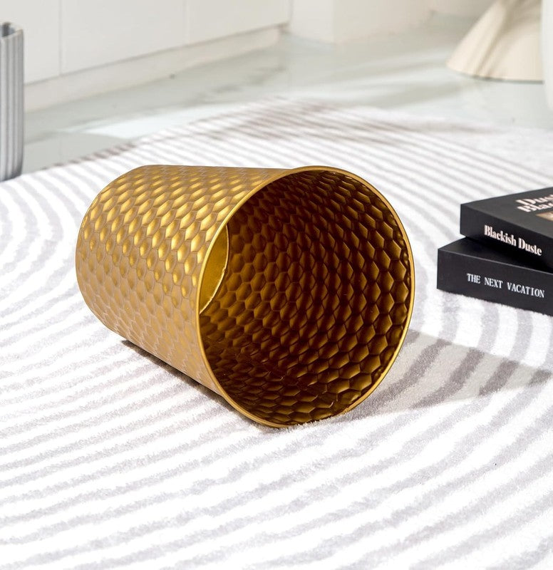 Small Metal Trash Can, Honeycomb Design, Decorative Waste Basket, Gold8