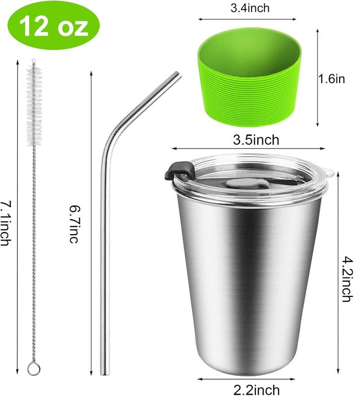Kids Stainless Steel Cups 12oz w/ Lids Straws Sleeves Metal Drinking Reusable1
