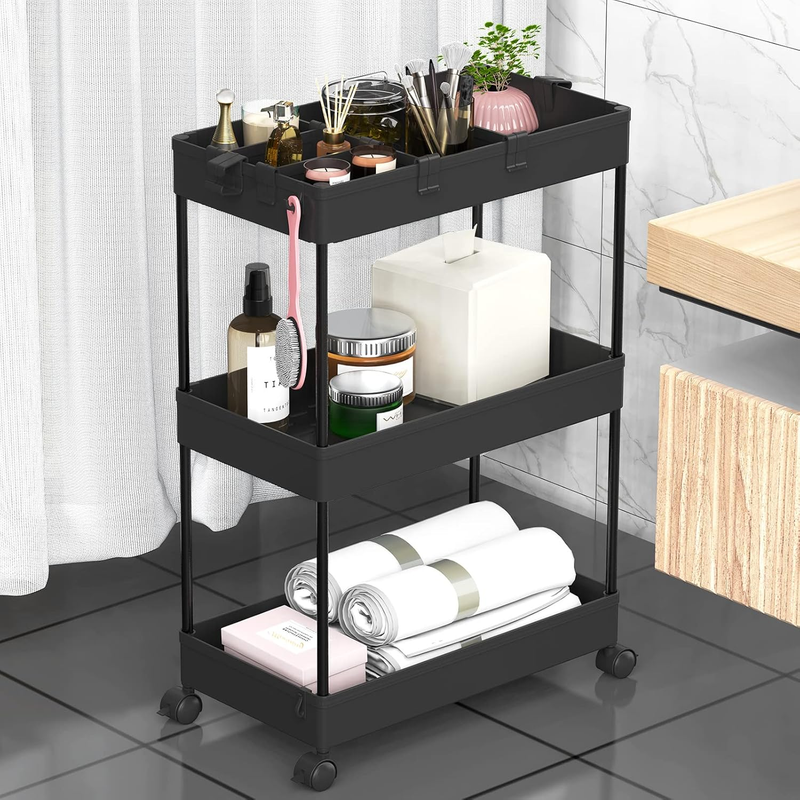3-Tier Rolling Cart with Wheels, Storage Trolley Organizer with Baskets, Black0