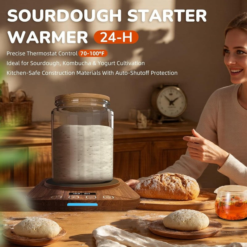 Sourdough Starter Warmer Mat Brown w/ Timer, Thermostat 70 100°F, Fits 40oz Jar1